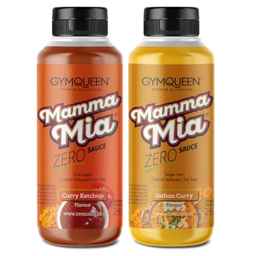 GymQueen Mamma Mia Zero Sauce 2x265ml, Curry Ketchup + Indian Curry, kalorienreduziert, ohne Fett & ohne Zuckerzusatz, zum Verfeinern von Gerichten oder als Salat-Dressing von GymQueen