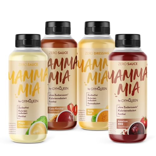 GymQueen Mamma Mia Zero Sauce 4x265ml, American BBQ + Mayo + Curry Ketchup + Honig Senf, kalorienreduziert, ohne Fett & ohne Zuckerzusatz, zum Verfeinern von Gerichten von GymQueen