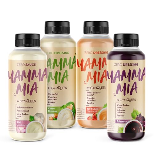 GymQueen Mamma Mia Zero Sauce 4x265ml, Crazy Caesar + Aioli + Balsamico + 1000 Island, kalorienreduziert, ohne Fett & ohne Zuckerzusatz, zum Verfeinern von Gerichten oder als Salat-Dressing von GymQueen