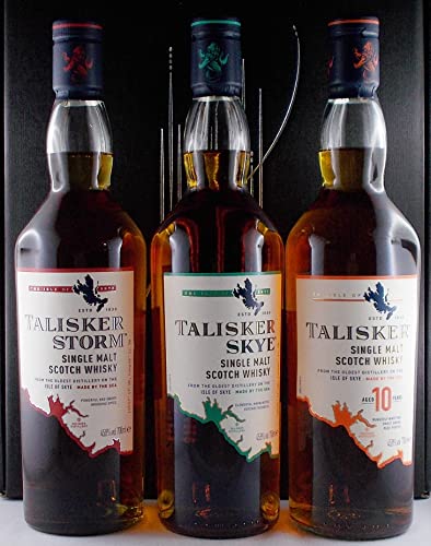 3 Flaschen Talisker: Storm, Skye, & 10 Jahre Single Malt Whisky im Geschenkkarton von H-BO