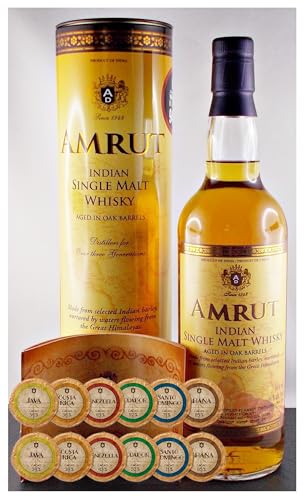 Amrut indischer Single Malt Whisky + 12 Edelschokoladen in 6 Variationen von H-BO