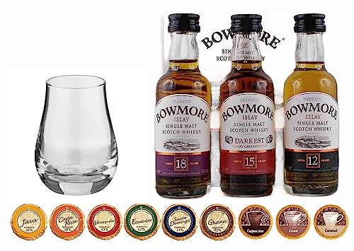 Bowmore 3 Miniaturen 12, 15, 18 Jahre Single Malt Whisky + 9 Edelschokoladen in 9 Geschmacksvaritionen + Spey Dram Glas von H-BO
