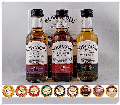 Bowmore 3 Miniaturen 12, 15, 18 Jahre Single Malt Whisky mit 9 Edelschokoladen in 9 Sorten Bowmore 3 Miniaturen 12, 15, 18 Jahre Single Malt Whisky mit 9 Edelschokoladen in 9 Sorten von H-BO