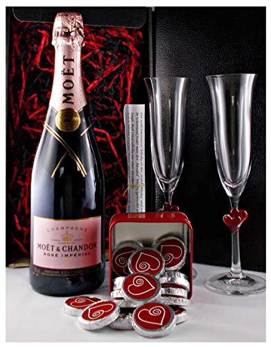 Champagner Moet & Chandon Rosé + Herz Schokolade + 2 Champagnergläser L'amour Geschenk von H-BO