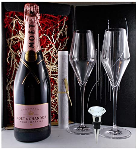 Champagner Moet & Chandon Rosé Imperial + Flaschenverschluß + 2 Champagnergläser Geschenk von H-BO