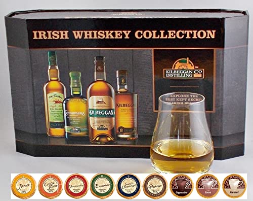Cooley 4 irische Whiskey Miniaturen + Spey Dram Glas + 9 Edelschokoladen in 9 Sorten von H-BO