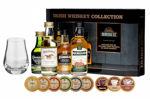 Cooley 4 irische Whiskey Miniaturen + Spey Dram Glas + 9 Edelschokoladen in 9 Sorten von H-BO