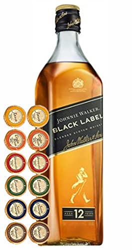 Flasche Johnnie Walker 12 Jahre Black Label Scotch Whisky + 12 Edelschokoladen in 6 Kakaovariationen von H-BO