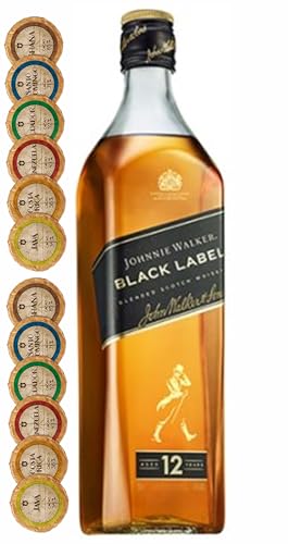 Flasche Johnnie Walker 12 Jahre Black Label Scotch Whisky + 12 Edelschokoladen in 6 Kakaovariationen von H-BO