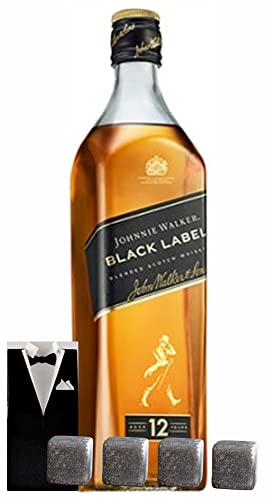 Flasche Johnnie Walker 12 Jahre Black Scotch Whisky + 4 Whiskey Kühlsteine im Smoking von H-BO