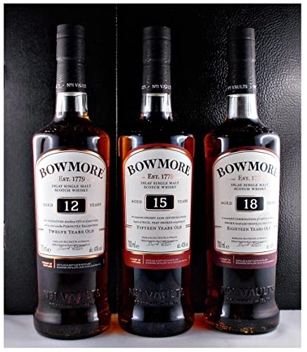 Geschenk 3 Flaschen Bowmore 12, 15, 18 Jahre Single Malt Whisky je 0,7 Liter im Geschenkkarton von H-BO