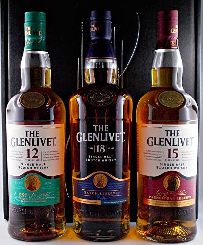 Geschenk 3 Flaschen Glenlivet 12, 15, 18 Jahre Single Malt Whisky im Geschenkkarton von H-BO