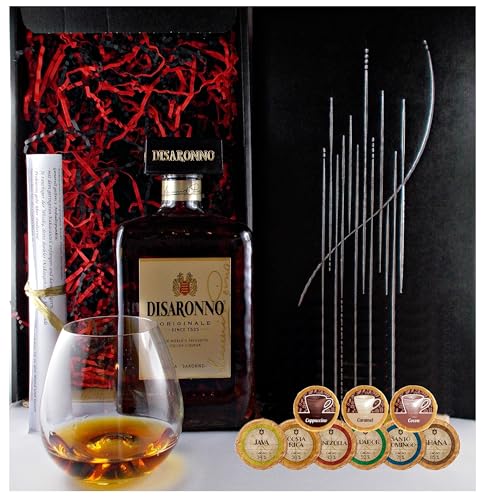 Geschenk Amaretto Disaronno + 1 Glas + 9 Edelschokoladen in 9 Sorten von H-BO