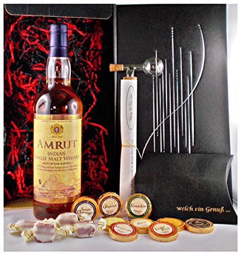 Geschenk Amrut Single Malt Whisky + Glaskugelportionierer + Edelschokolade + Fudge von H-BO