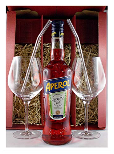 Geschenk Aperol Aperitif + 2 Glas-Trinkhalme (gebogen) + 2 Weingläser von H-BO
