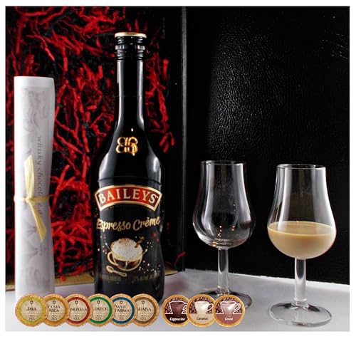 Geschenk Baileys Espresso Creme irischer Likör + 2 Likörgläser + 9 Edelschokoladen in 9 Sorten Geschenk Baileys Espresso Creme irischer Likör + 2 Likörgläser + 9 Edelschokoladen in 9 Sorten von H-BO