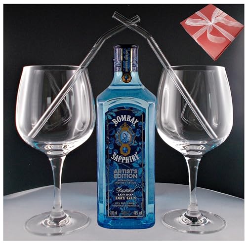 Geschenk Bombay Sapphire London Dry Gin + 2 Cocktailgläser + 2 Trinkhalme aus Glas von H-BO