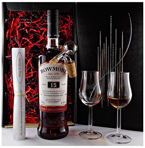 Geschenk Bowmore 15 Jahre Single Malt Whisky + Glaskugelportionierer + 2 Bugatti Gläser von H-BO