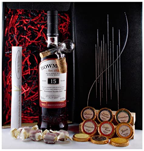 Geschenk Bowmore 15 Jahre Single Malt Whisky + Glaskugelportionierer + Edelschokolade + Fudge von H-BO