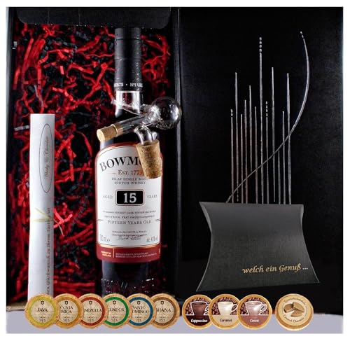 Geschenk Bowmore 15 Jahre Single Malt Whisky + Glaskugelportionierer + Edelschokolade + Fudge von H-BO