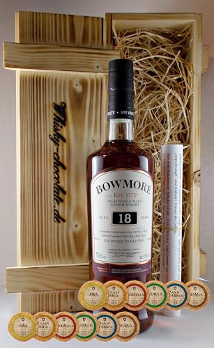 Geschenk Bowmore 18 Jahre Single Malt Whisky + 12 Edelschokoladen in 6 Sorten in geflammter Holzkiste von H-BO
