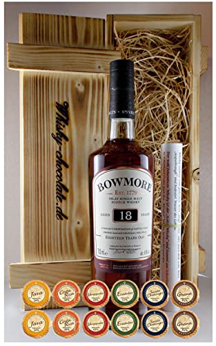Geschenk Bowmore 18 Jahre Single Malt Whisky + 12 Edelschokoladen in geflammter Holzkiste von H-BO
