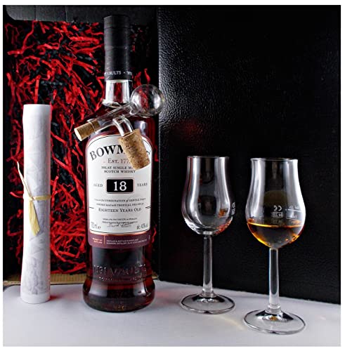 Geschenk Bowmore 18 Jahre Single Malt Whisky + Glaskugelportionierer + 2 Bugatti Gläser von H-BO