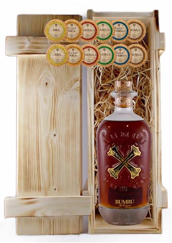 Geschenk Bumbu Original Barbados Rum + 12 Edelschokoladen in 6 Sorten in geflammter Holzkiste von H-BO