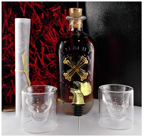 Geschenk Bumbu Original Barbados Rum + 2 Totenkopf Gläser + 1 Totenkopf Schädel Ausgießer von H-BO