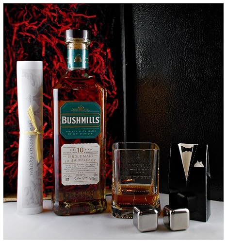 Geschenk Bushmills 10 Jahre irischer Single Malt Whiskey + 1 Original Bushmills Glas + 2 Kühlsteine im Smoking von H-BO