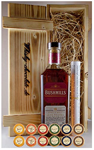 Geschenk Bushmills 16 Jahre irischer Single Malt Whiskey + 12 Edelschokoladen in Holzkiste von H-BO