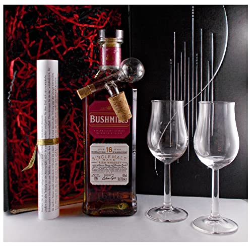 Geschenk Bushmills 16 Jahre irischer Single Malt Whiskey + 2 Bugatti Gläser + Glaskugelportionierer von H-BO