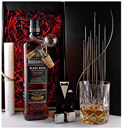 Geschenk Bushmills Black Bush irischer Whiskey + Glaskugelportionierer + Glas + 2 Whisky Kühlsteine von H-BO