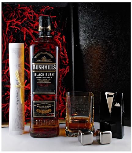 Geschenk Bushmills Black Bush irischer Whiskey + Original Glas + 2 Whisky Kühlsteine im Smoking von H-BO