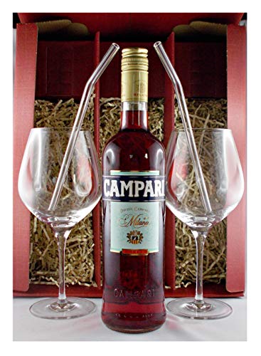 Geschenk Campari Bitter Aperitif + 2 Glastrinkhalme (gebogen) + 2 Weingläser von H-BO