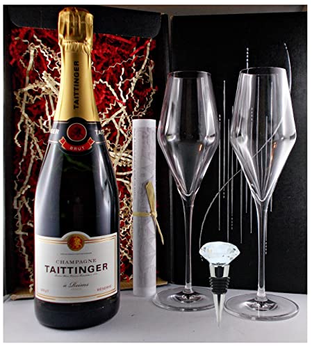 Geschenk Champagner Taittinger Brut + Flaschenverschluß + 2 Champagnergläser von H-BO
