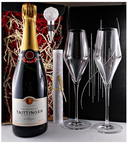 Geschenk Champagner Taittinger Brut + Flaschenverschluß + 2 Champagnergläser von H-BO