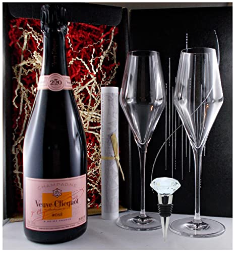 Geschenk Champagner Veuve Clicquot Rosè + Flaschenverschluß + 2 Champagnergläser von H-BO