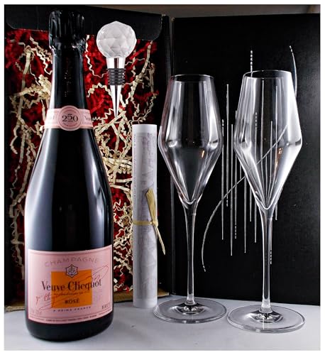 Geschenk Champagner Veuve Clicquot Rosè + Flaschenverschluß + 2 Champagnergläser von H-BO