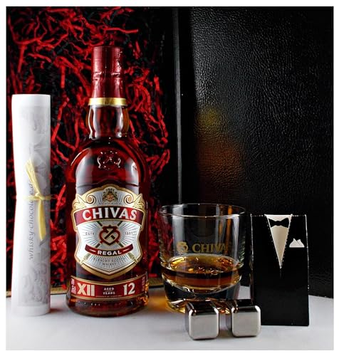 Geschenk Chivas Regal 12 Jahre Scotch Whisky + Original Glas + 2 Whisky Kühlsteine im Smoking von H-BO