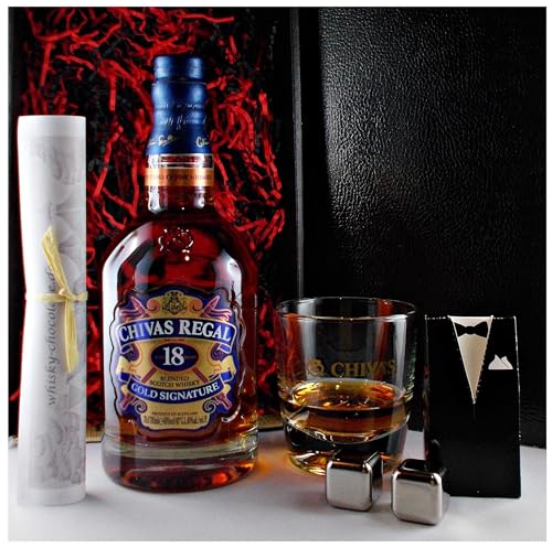 Geschenk Chivas Regal 18 Jahre scotch Whisky + Original Glas + 2 Whiskey Kühlsteine im Smoking von H-BO