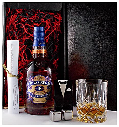 Geschenk Chivas Regal 18 Jahre scotch Whisky + Whisky Glas + 2 Whiskey Kühlsteine im Smoking von H-BO