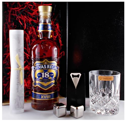 Geschenk Chivas Regal 18 Jahre scotch Whisky + Whisky Glas + 2 Whiskey Kühlsteine im Smoking von H-BO