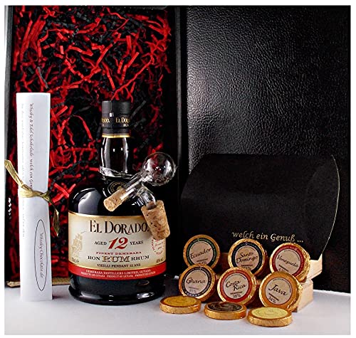 Geschenk El Dorado 12 Jahre Rum + 9 Edelschokoladen in 9 Sorten + Glaskugelportionierer von H-BO