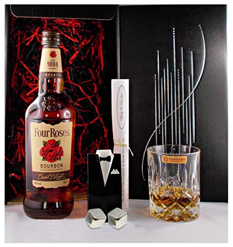 Geschenk Four Roses Bourbon Whiskey + Nachtmann Glas + 2 Whisky Kühlsteine von H-BO