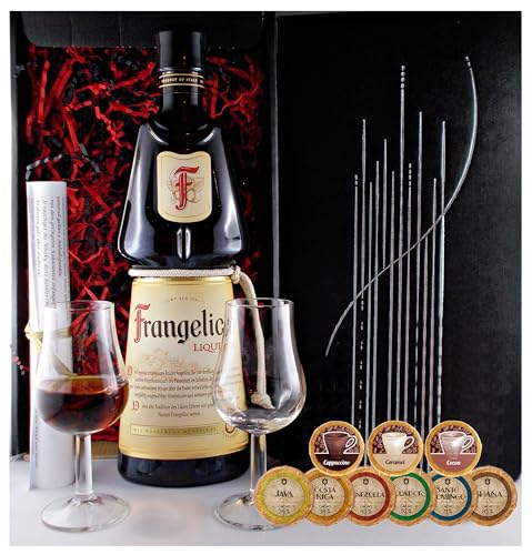 Geschenk Frangelico Haselnusslikör + 2 Likörgläser + 9 Edelschokoladen in 9 Sorten von H-BO