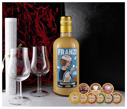 Geschenk Franzi Franzbrötchen Likör + 2 Stilgläser + 9 DreiMeister Edelschokoladen Golddublonen von H-BO