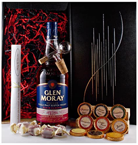 Geschenk Glen Moray sherry cask Single Malt Whisky + Glaskugelportionierer + Edelschokolade + Fudge von H-BO