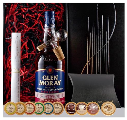 Geschenk Glen Moray sherry cask Single Malt Whisky + Glaskugelportionierer + Edelschokolade + Fudge von H-BO