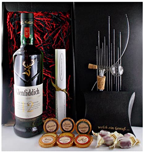 Geschenk Glenfiddich 12 Jahre Single Malt Whisky + Glaskugelportionierer + Edelschokolade + Fudge von H-BO